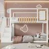 A child's bedroom with a white bunk bed, decorated with moon and star decals, and a teddy bear neon light. Produktbild-Vorschau