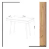 A line drawing of a desk with dimensions indicated, next to a sample of wood grain. Anteprima dell’immagine prodotto