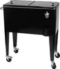 A black cooler on wheels with a bottle opener and cup holder. Produktbild-Vorschau