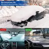 Collage, die ein schneebedecktes Auto, dann eine vereiste Windschutzscheibe und schließlich eine klare Windschutzscheibe nach Verwendung einer Schneeabdeckung zeigt Anteprima dell’immagine prodotto