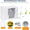 A vacuum cleaner dust bag with arrows indicating filtration and examples of what it filters. Anteprima dell’immagine prodotto