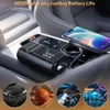 A portable air pump and a smartphone charging in a car's center console, with inset images showing various uses. Produktbild-Vorschau