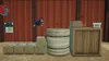 A cartoon dog character is jumping in a barn-like setting with hay bales and wooden crates. Produktbild-Vorschau
