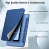 A blue iPad case is shown with its features highlighted by text overlays. Produktbild-Vorschau
