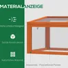 A close-up view of a wooden and polycarbonate greenhouse with descriptive text and icons highlighting its features. Produktbild-Vorschau