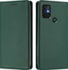 A green leather flip case for a smartphone, shown open and closed. Produktbild-Vorschau