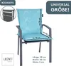 A chair cushion with dimensions indicated, placed on a chair. Includes marketing text and a logo. Produktbild-Vorschau