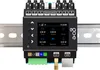 A go-e controller device mounted on a DIN rail, displaying energy management information on its screen. Produktbild-Vorschau