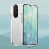 A clear protective phone case is shown from the back and front, with the phone screen displaying the time and date. Produktbild-Vorschau