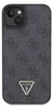 A close-up shot of a black iPhone case with a repeating Guess logo pattern and a triangular Guess logo emblem with rhinestones. Voir les images du produit