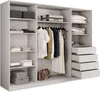 An open wardrobe with clothes hanging and folded, suitcases, and storage boxes. Produktbild-Vorschau