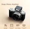 A camera with a small flash attachment on top, with feature callouts at the bottom. Podgląd zdjęcia produktu