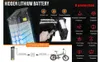 Marketing image for an electric bicycle, highlighting its hidden lithium battery, charging methods, and safety features. Produktbild-Vorschau