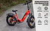 A red electric bicycle is parked on a paved path with trees in the background. A graphic overlay on the right side of the image displays product specifications. Produktbild-Vorschau