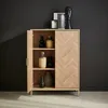 A wooden cabinet with a herringbone pattern on one door, displaying various decorative vases on its shelves. Produktbild-Vorschau