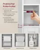 A hand is shown inserting a metal rod into a white shelf unit, with text describing features and three smaller images showing different items stored in similar units. Produktbild-Vorschau