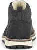 The back view of a black boot with a knitted cuff and a white sole. Produktbild-Vorschau