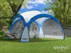 A blue and white event pavilion set up on a grassy lawn with trees and a fence in the background. Produktbild-Vorschau
