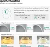 This image displays marketing information about a mirror's memory function and different light color temperatures. Produktbild-Vorschau
