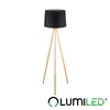 A modern tripod floor lamp with a black lampshade and wooden legs, presented on a white background. Podgląd zdjęcia produktu