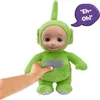 A child's hand is holding a green Teletubby plush toy. A purple speech bubble with text is above the toy. Voir les images du produit