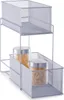 A two-tiered silver mesh organizer with two glass jars filled with pasta on the bottom shelf. Produktbild-Vorschau