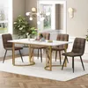 A dining room set with a rectangular marble-top table and four brown upholstered chairs, set on a white rug in a well-lit room with large windows. Produktbild-Vorschau