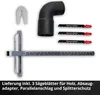 A collection of jigsaw saw accessories, including blades, a dust adapter, and a parallel guide, laid out on a white background. Produktbild-Vorschau