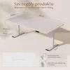 A white adjustable standing desk with dimensions and features highlighted. Podgląd zdjęcia produktu