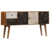 A wooden sideboard with decorative patterns on the doors and drawers, standing on four legs. Voir les images du produit