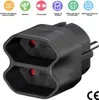 A black electrical adapter with multiple sockets, shown against a white background with feature icons and text above. Produktbild-Vorschau