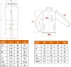 A size chart for workwear, showing diagrams of pants and a jacket with corresponding measurements. Produktbild-Vorschau