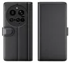 A black leather flip case for a smartphone, shown from the front and back. Produktbild-Vorschau