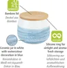 A ceramic jar with a bamboo lid, featuring watercolour decoration in blue. Text labels and icons highlight its features. Produktbild-Vorschau