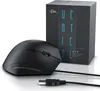 A black ergonomic vertical mouse and its packaging are displayed on a white surface. Produktbild-Vorschau