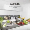 A modern kitchen counter with various kitchen tools and fresh produce, featuring a spiralizer in use. Produktbild-Vorschau
