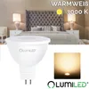 A bedroom scene with a bed and nightstands, with a product image of an LED lamp in the foreground. Produktbild-Vorschau