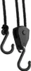 A close-up of a black rope pulley system with two hooks. Produktbild-Vorschau