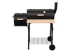 A black charcoal smoker grill with a wooden shelf and a wire rack underneath, shown on a white background. Produktbild-Vorschau