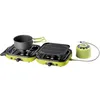 Two camping stoves, one with a pot and the other with a grill, connected to a gas canister. Produktbild-Vorschau