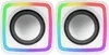 Two white cube-shaped speakers with RGB lighting around the edges. Náhled obrázku produktu