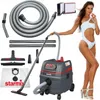A woman in a swimsuit poses next to a Starmix industrial vacuum cleaner and its accessories. Produktbild-Vorschau