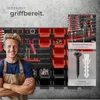 A man is standing in front of a tool organization system with many bins and tools. The image also shows close-ups of screws and wall plugs, and a smaller inset of a tool rack. Produktbild-Vorschau