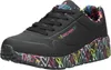A single black Skechers sports shoe with colorful heart-shaped graffiti on the sole and inner lining. Voir les images du produit