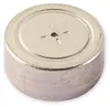 A close-up, studio shot of a single button cell battery. Voir les images du produit