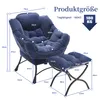 A blue armchair and ottoman with dimensions indicated by lines and measurements. Produktbild-Vorschau