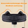 A close-up of the top platform of a cat tree, featuring cat-ear-shaped accents and text overlays. Produktbild-Vorschau