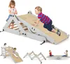 A collage of images showing children playing on a wooden climbing set with a slide, climbing wall, and seesaw. Podgląd zdjęcia produktu