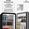 An open mini-refrigerator showing its interior storage compartments and some of the items stored within. Text boxes describe features and a logo is present. Produktbild-Vorschau
