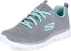 A single gray Skechers sneaker with teal accents and laces is shown against a white background. Voir les images du produit
